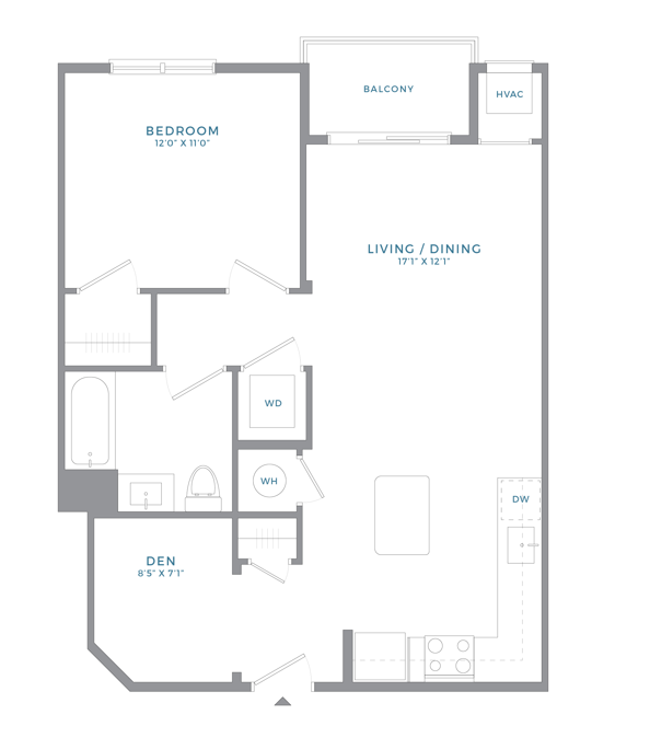 Floor plan for 1 bed, 1 bath, 754 sqft
