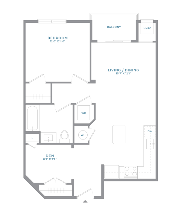 Floor plan for 1 bed, 1 bath, 757 sqft