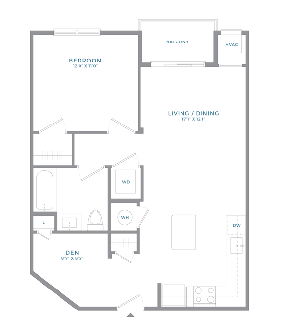 Floor plan for 1 bed, 1 bath, 759 sqft