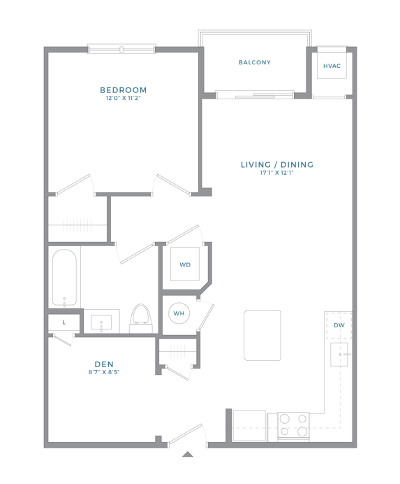 Floor plan for 1 bed, 1 bath, 770 sqft