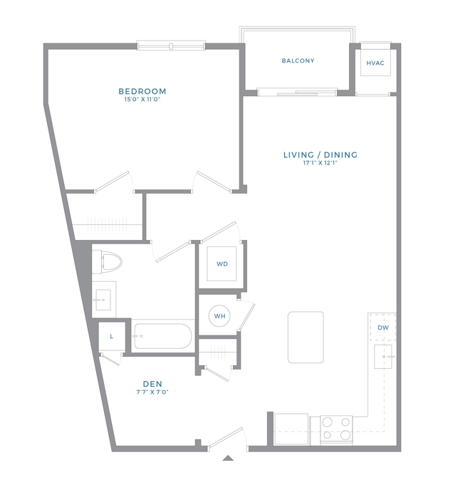 Floor plan for 1 bed, 1 bath, 792 sqft