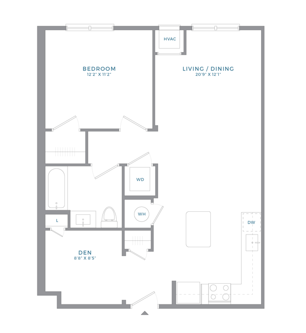 Floor plan for 1 bed, 1 bath, 797 sqft