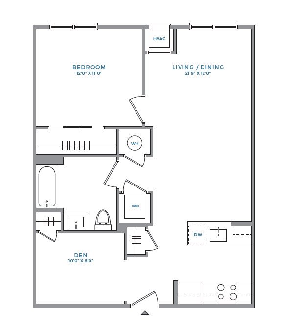 Floor plan for 1 bed, 1 bath, 800 sqft