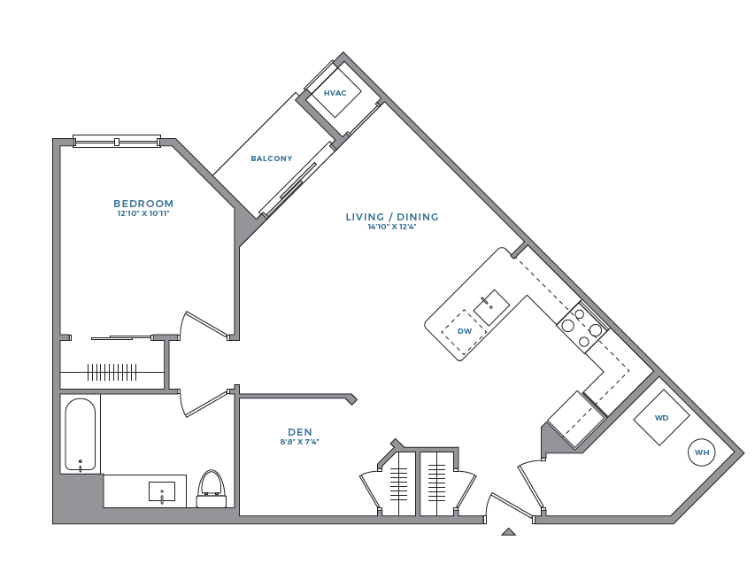 Floor plan for 1 bed, 1 bath, 831 sqft