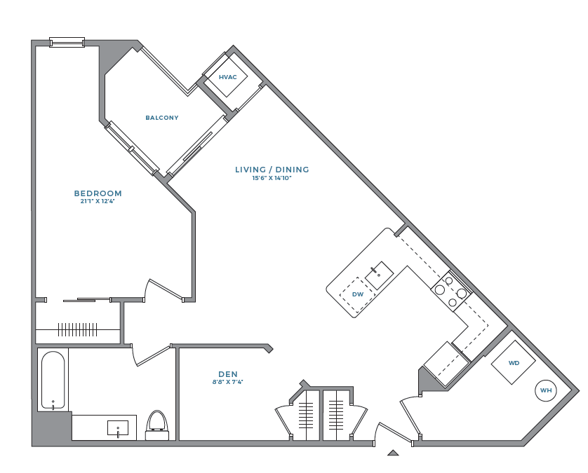Floor plan for 1 bed, 1 bath, 917 sqft