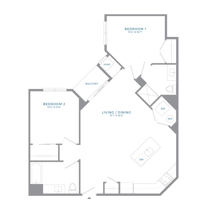 Floor plan for 2 beds, 2 baths, 1060 sqft