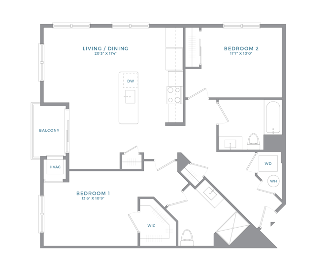 Floor plan for 2 beds, 2 baths, 1085 sqft