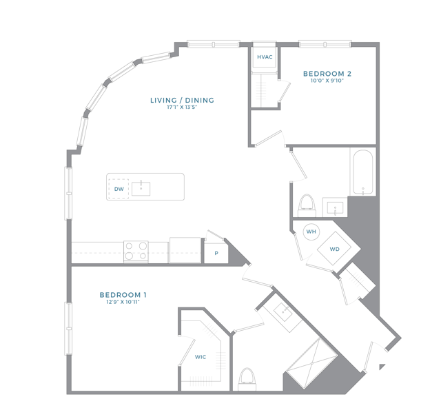 Floor plan for 2 beds, 2 baths, 1107 sqft