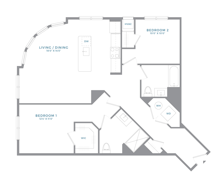 Floor plan for 2 beds, 2 baths, 1144 sqft