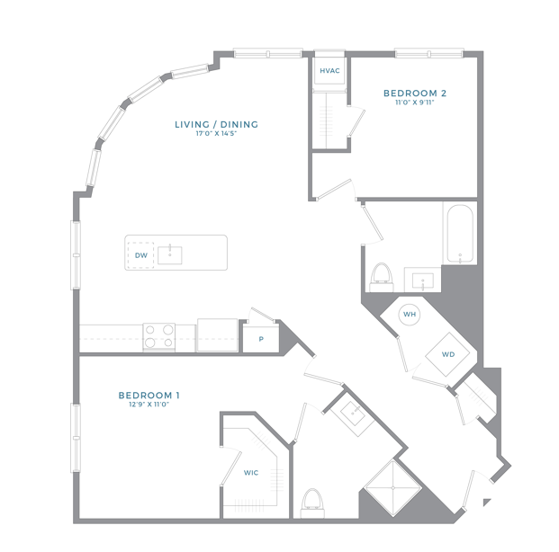 Floor plan for 2 beds, 2 baths, 1152 sqft