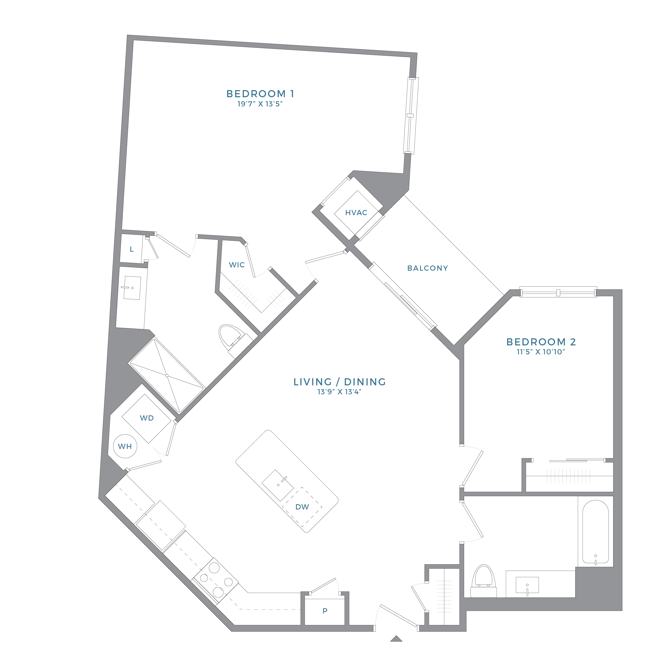 Floor plan for 2 beds, 2 baths, 1145 sqft