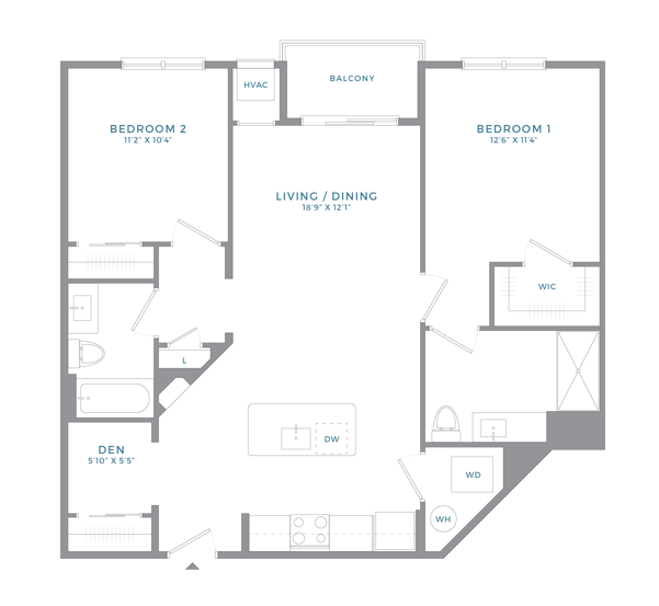 Floor plan for 2 beds, 2 baths, 1041 sqft