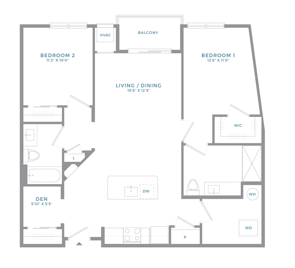 Floor plan for 2 beds, 2 baths, 1067 sqft