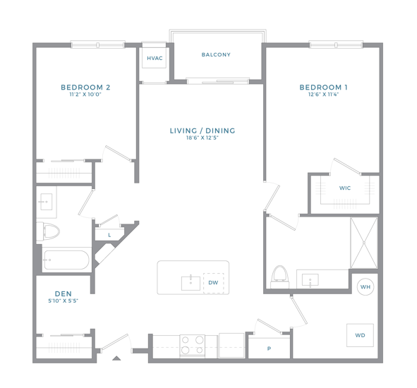Floor plan for 2 beds, 2 baths, 1083 sqft