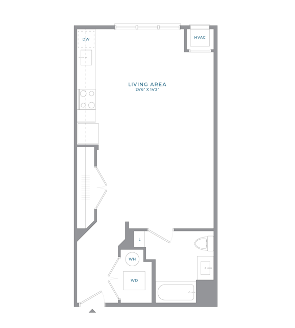 Floor plan for studio, 1 bath, 604 sqft