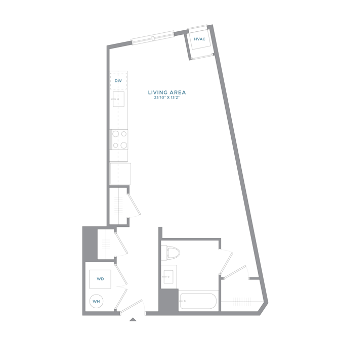 Floor plan for studio, 1 bath, 614 sqft