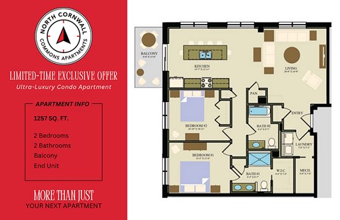 Floor plan for 2 beds, 2 baths, 1257 sqft