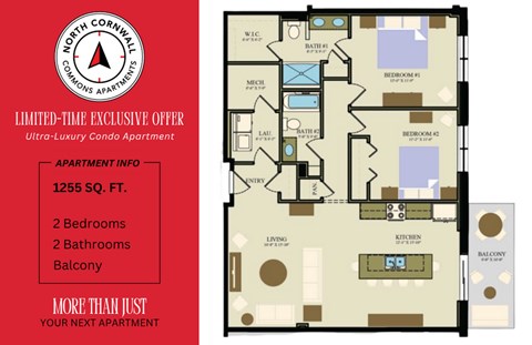 Floor plan for 2 beds, 2 baths, 1255 sqft