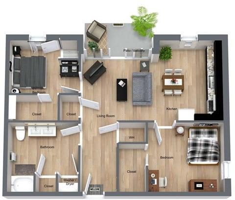 Floor plan for 2 beds, 1 bath, 945 sqft