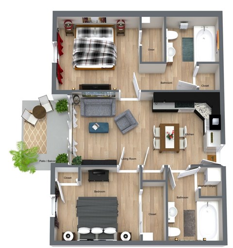Floor plan for 2 beds, 2 baths, 924 sqft