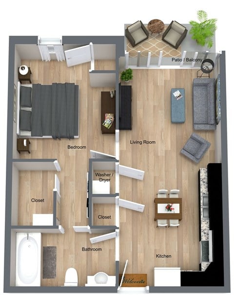 Floor plan for 1 bed, 1 bath, 678 sqft