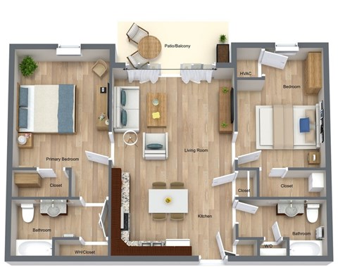 Floor plan for 2 beds, 2 baths, 997 sqft