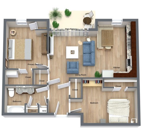 Floor plan for 2 beds, 1 bath, 980 sqft