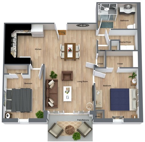 Floor plan for 2 beds, 1 bath, 1016 sqft