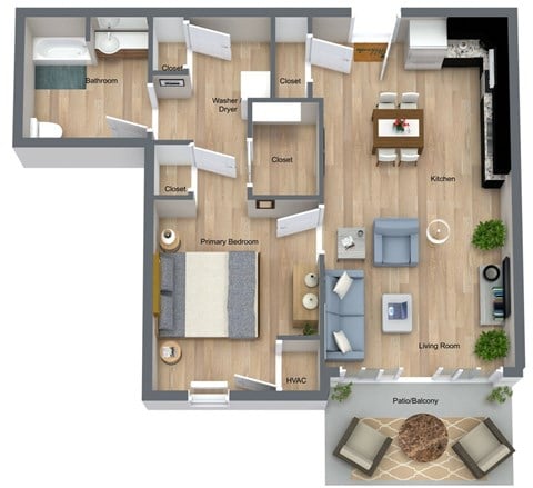 Floor plan for 1 bed, 1 bath, 758 sqft