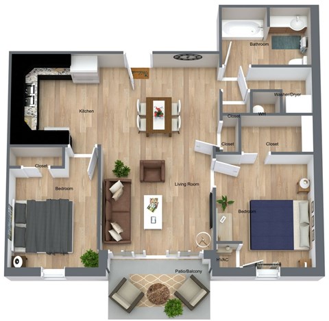 Floor plan for 2 beds, 1 bath, 1016 sqft