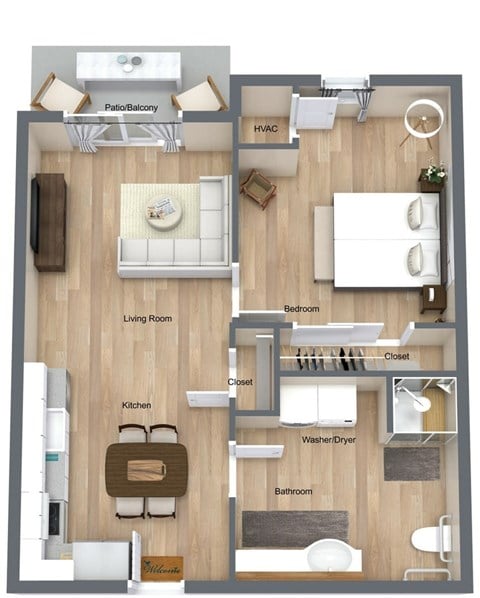 Floor plan for 1 bed, 1 bath, 703 sqft