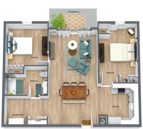 Floor plan for 2 beds, 1 bath, 1029 sqft