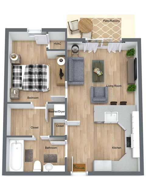 Floor plan for 1 bed, 1 bath, 703 sqft