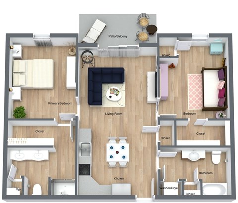 Floor plan for 2 beds, 2 baths, 1029 sqft