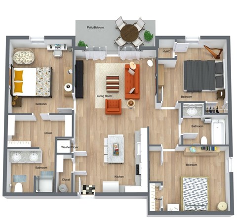 Floor plan for 3 beds, 2 baths, 1129 sqft