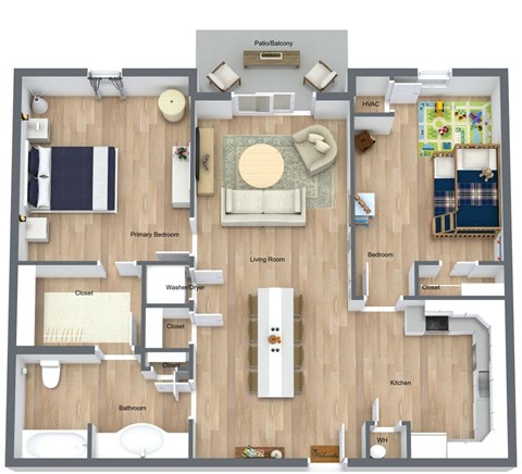 Floor plan for 2 beds, 1 bath, 1029 sqft