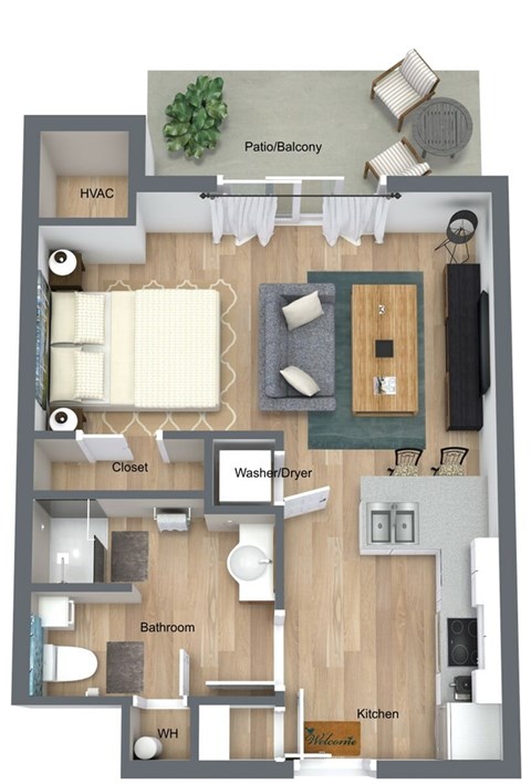 Floor plan for studio, 1 bath, 538 sqft