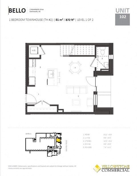 Floor plan for 1 bed, 1.5 baths, 936 sqft