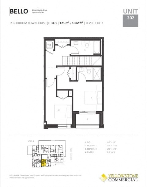 Floor plan for 2 beds, 1 bath, 1001 sqft