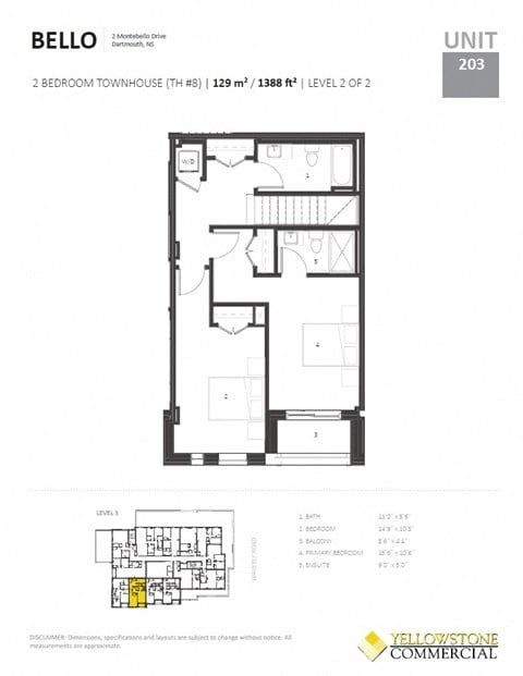 Floor plan for 2 beds, 2 baths, 1335 sqft