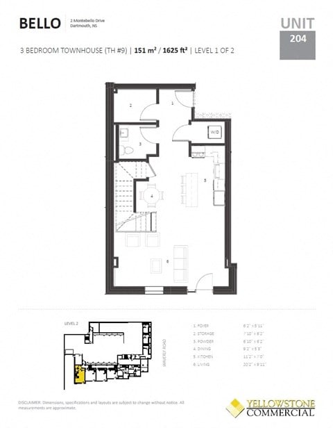 Floor plan for 2 beds, 2.5 baths, 1625 sqft