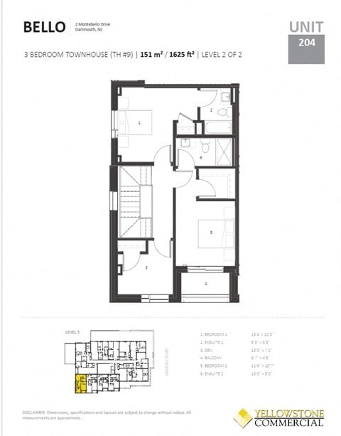 Floor plan for 2 beds, 2.5 baths, 1625 sqft