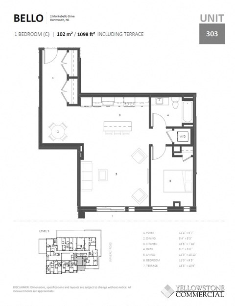 Floor plan for 1 bed, 1 bath, 775 sqft