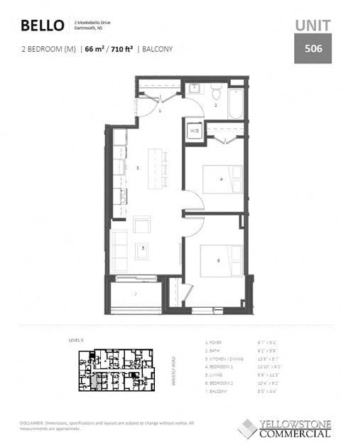 Floor plan for 2 beds, 1 bath, 1001 sqft