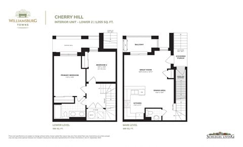 Floor plan for 2 beds, 1.5 baths, 1055 sqft