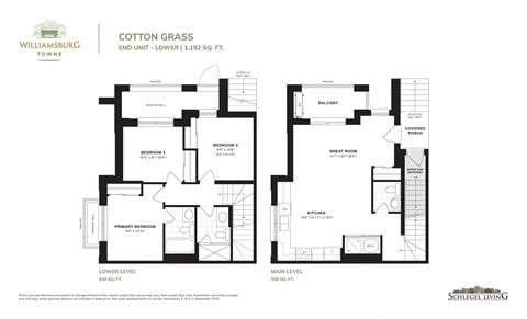 Floor plan for 3 beds, 2.5 baths, 1192 sqft