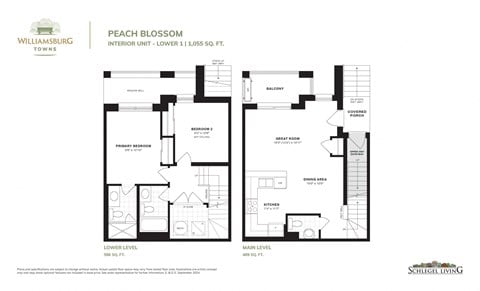 Floor plan for 2 beds, 2.5 baths, 1055 sqft