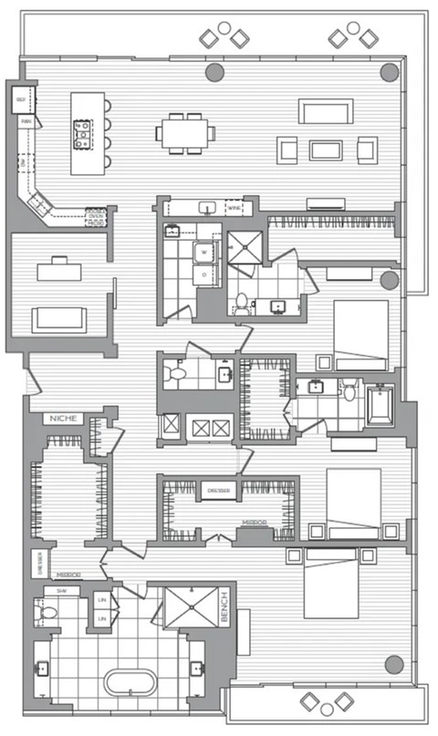 Floor plan for 3 beds, 3 baths, 1200 sqft