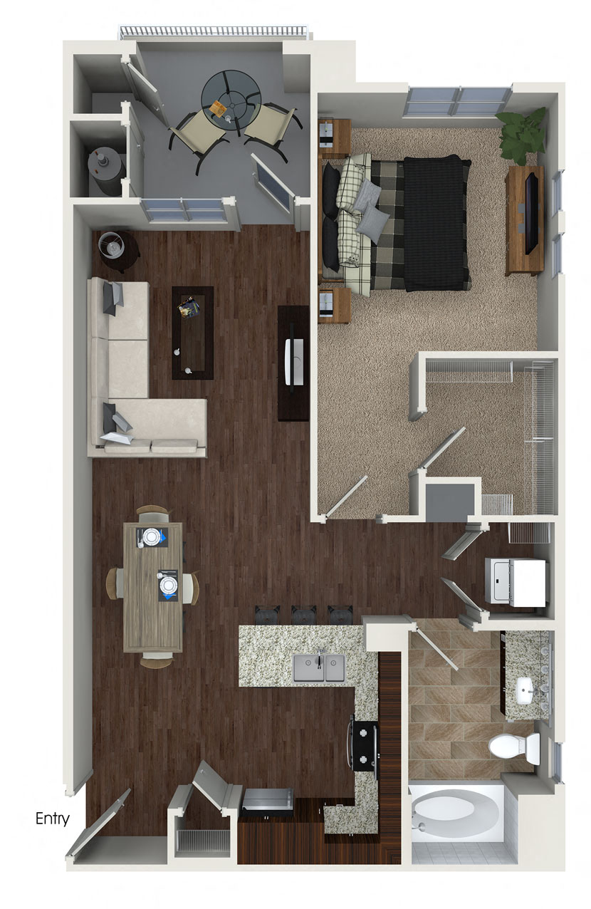 Floor plan for 1 bed, 1 bath, 839 sqft
