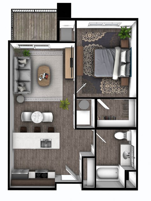 Floor plan for 1 bed, 1 bath, 667 sqft